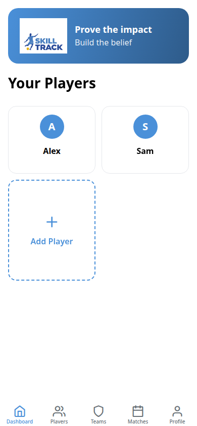 Skill Track Pro dashboard showing youth football player stats, skill tracking cards, and season performance overview