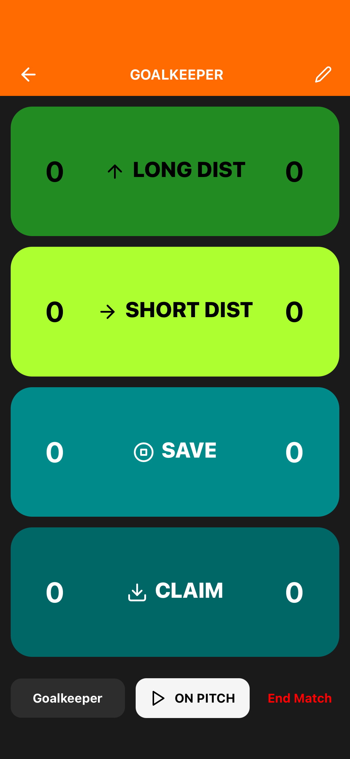 Skill Track Pro goalkeeper match recorder on iPhone showing dark green Long Dist, lime Short Dist, teal Save and teal Claim action buttons on a dark background