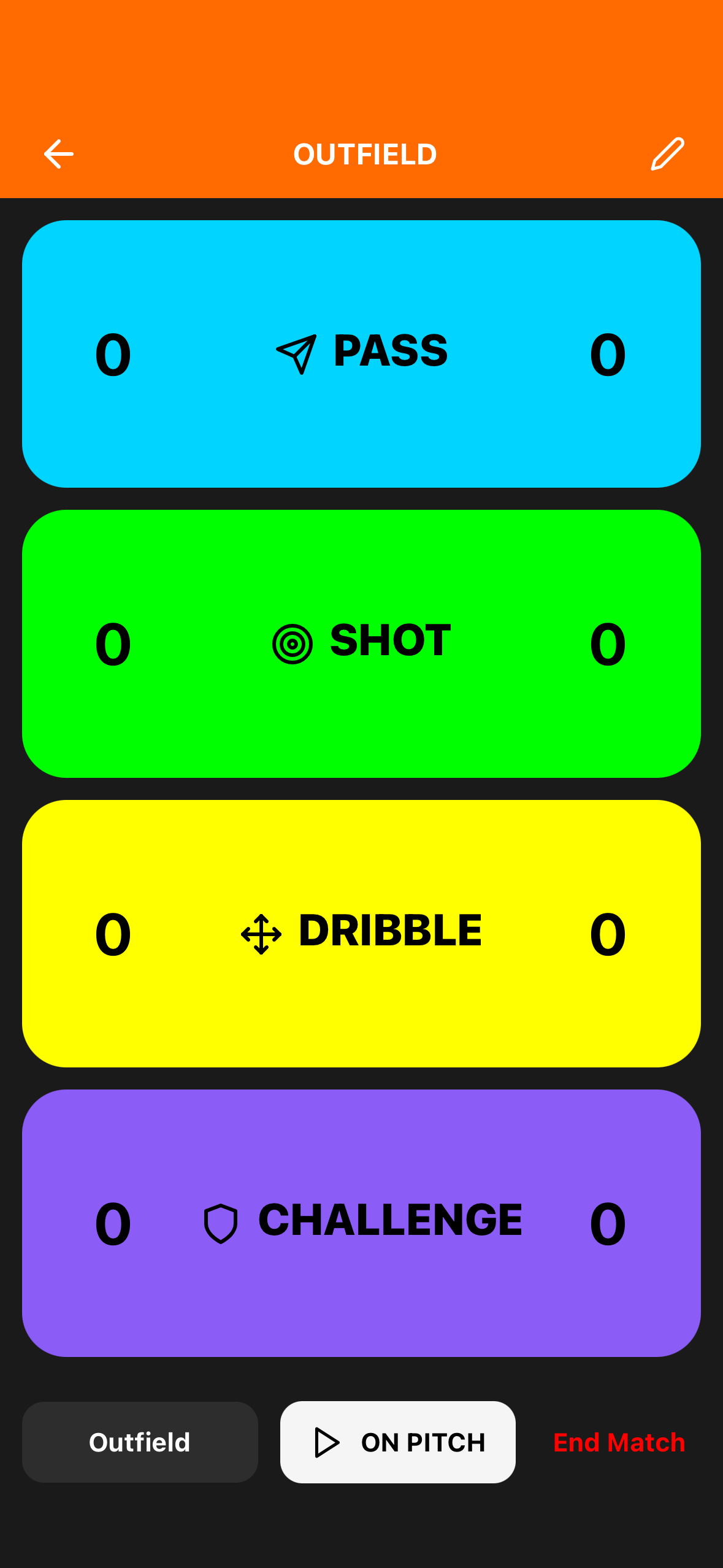 Skill Track Pro outfield match recorder on iPhone showing cyan Pass, green Shot, yellow Dribble and purple Challenge action buttons on a dark background
