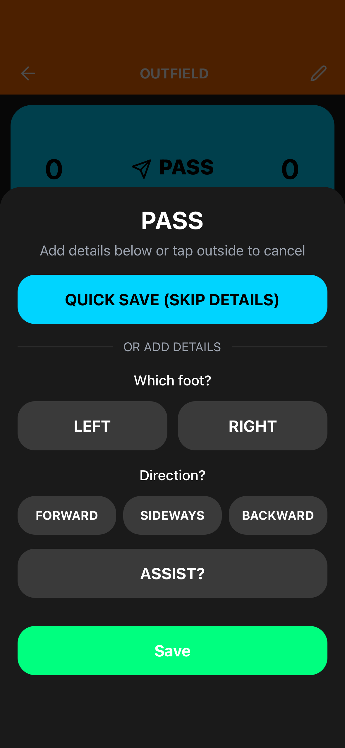Pass detail panel on iPhone showing Quick Save button, foot selection Left or Right, direction Forward Sideways or Backward, and Assist option
