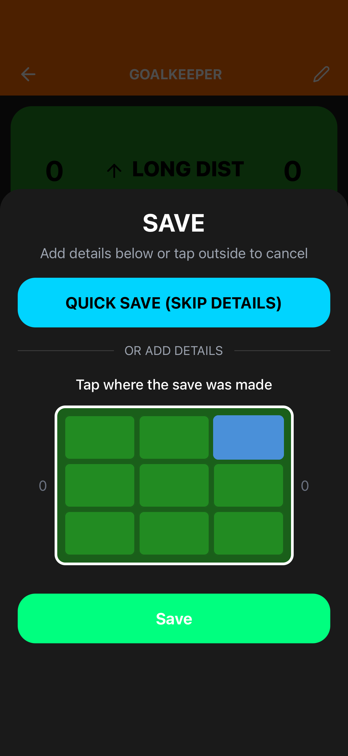 Goalkeeper save detail panel on iPhone showing a 3x3 goal zone grid to record where the save was made