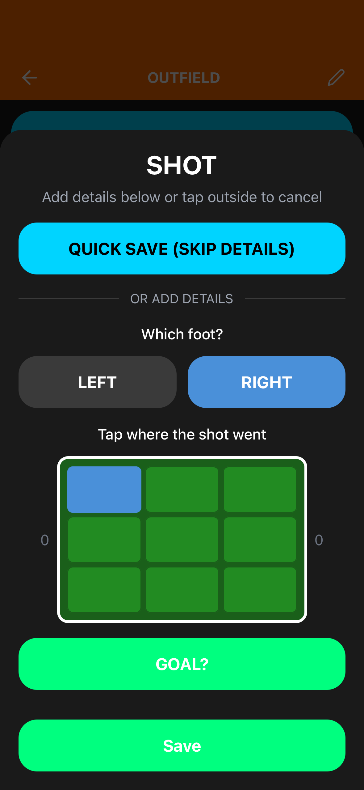 Shot detail panel on iPhone showing foot selection, a 3x3 goal zone grid for placing the shot, and a Goal button